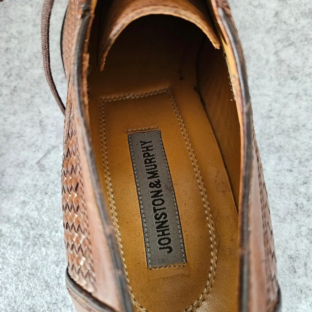 Johnston & Murphy Mens Woven Leather Cap Toe Oxford Dress Shoes Tan Brown 10M